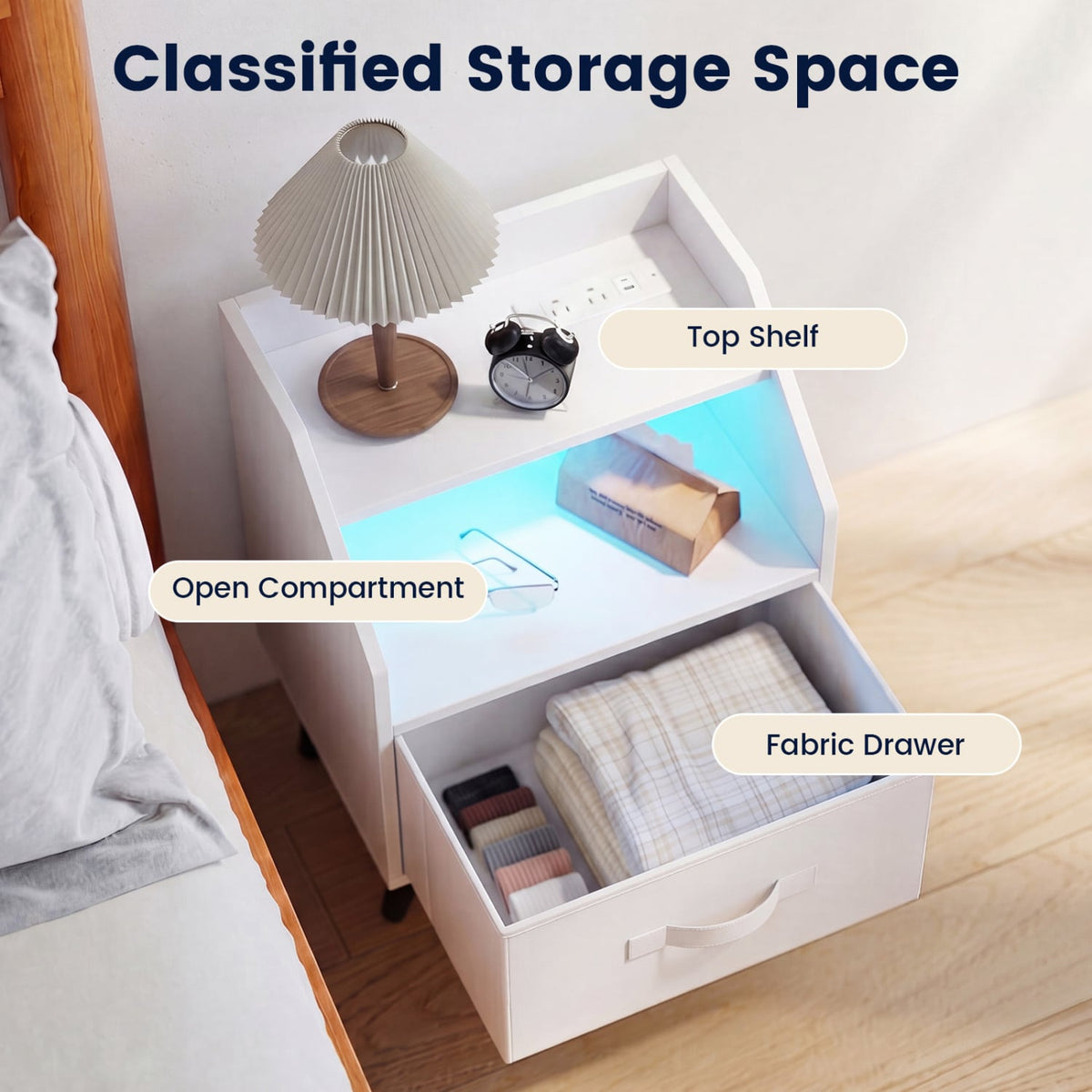Set Of 2 Nightstands with LED Lights and Power Outlets for Living Room-White-Nightstands-DECOROLALA