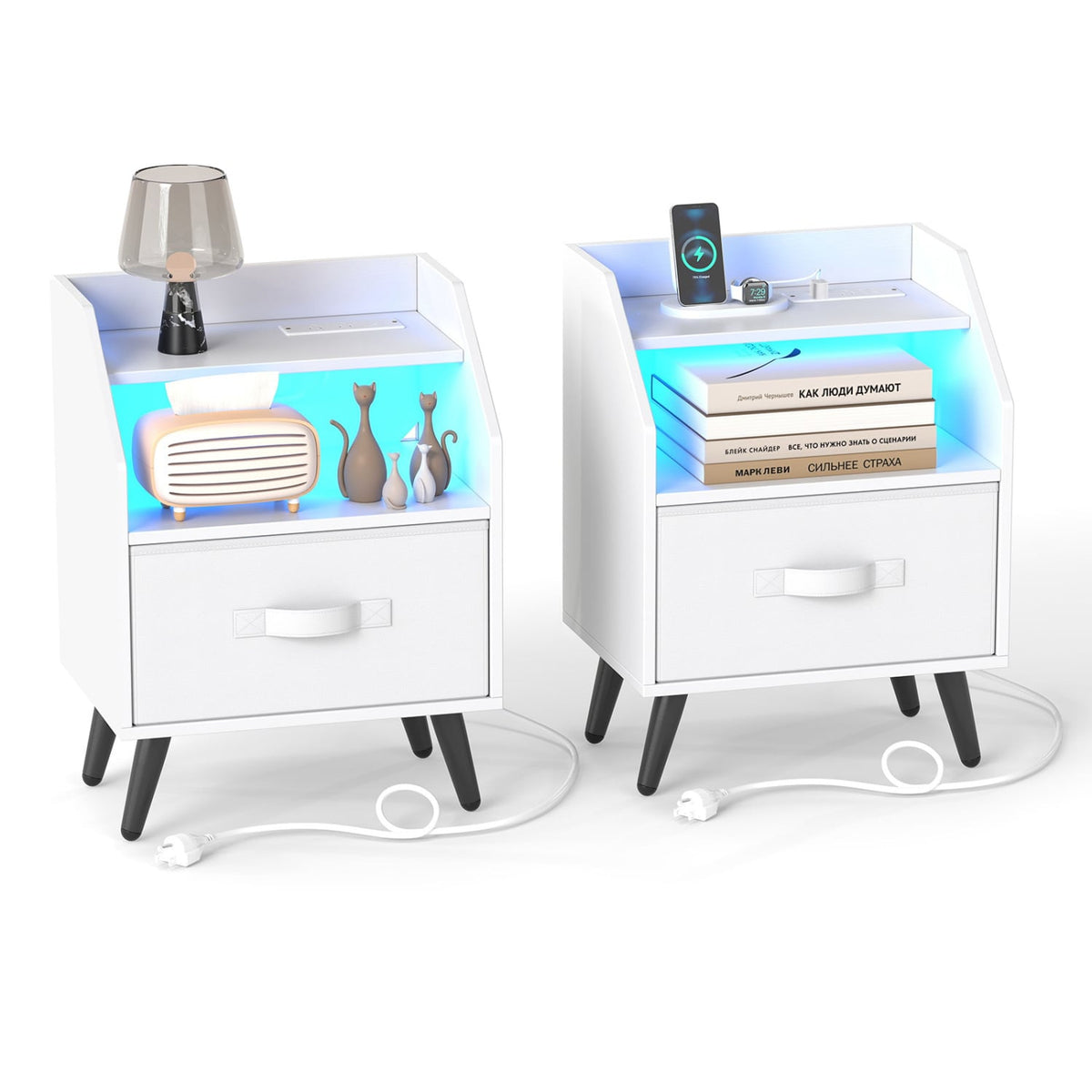 Set Of 2 Nightstands with LED Lights and Power Outlets for Living Room-White-Nightstands-DECOROLALA