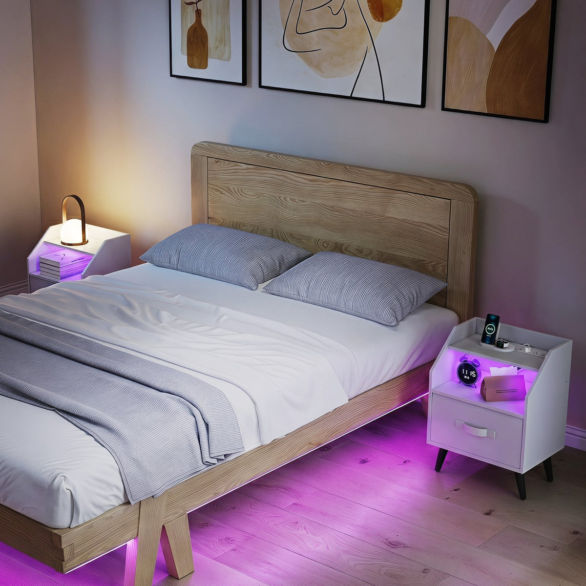 Set Of 2 Nightstands with LED Lights and Power Outlets for Living Room-White-Nightstands-DECOROLALA