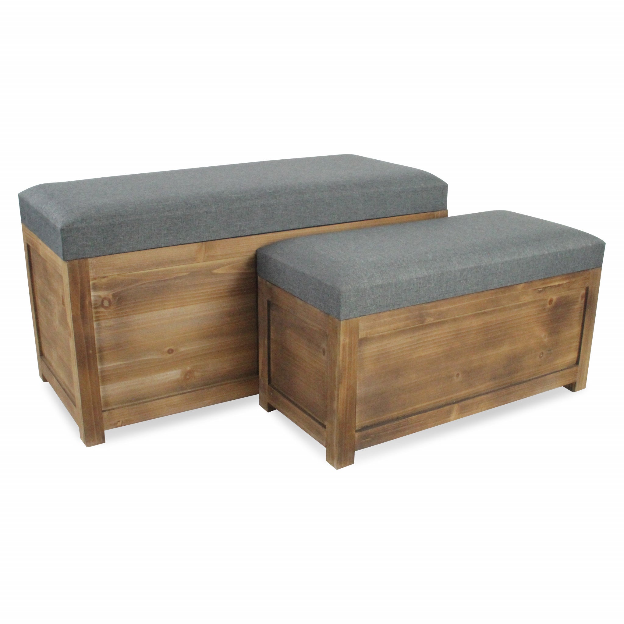 Set Of 2 Rectangular Gray Linen Fabric And Wood Storage Benches-Benches-DECOROLALA