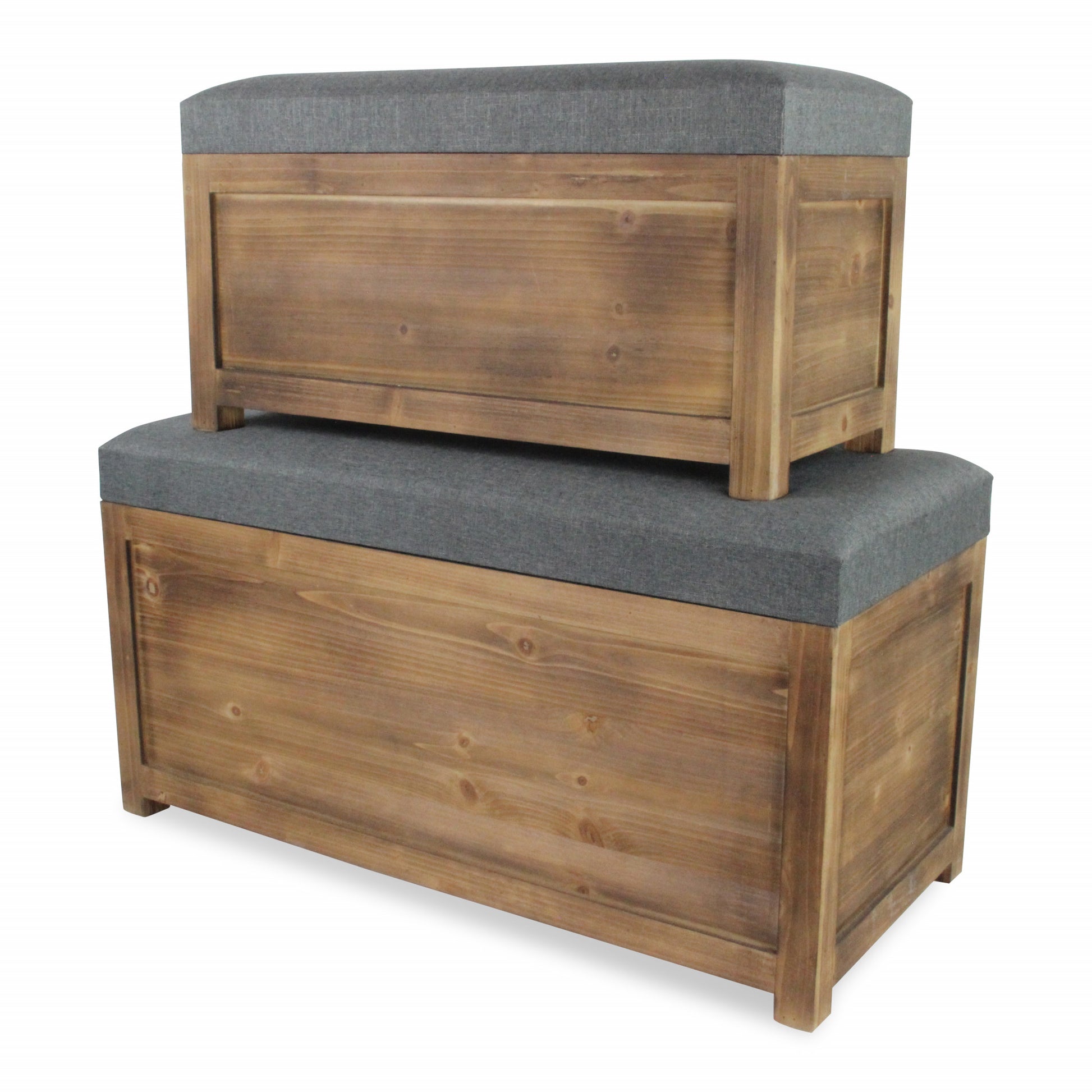 Set Of 2 Rectangular Gray Linen Fabric And Wood Storage Benches-Benches-DECOROLALA