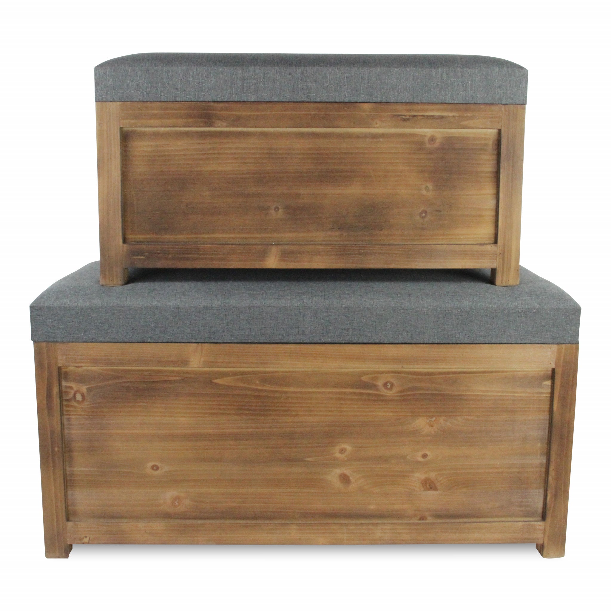 Set Of 2 Rectangular Gray Linen Fabric And Wood Storage Benches-Benches-DECOROLALA