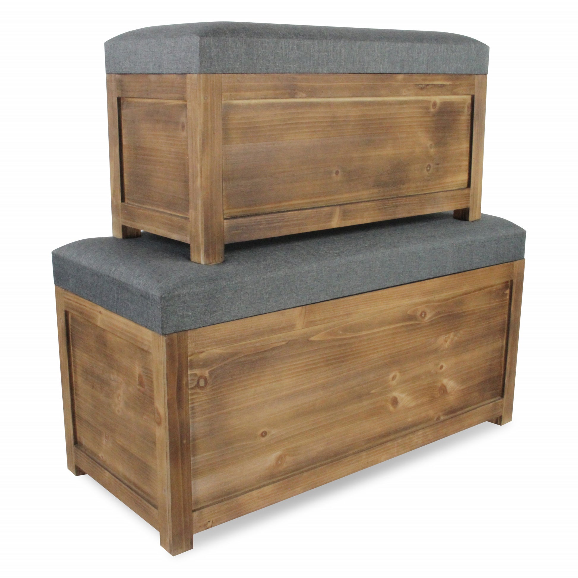 Set Of 2 Rectangular Gray Linen Fabric And Wood Storage Benches-Benches-DECOROLALA