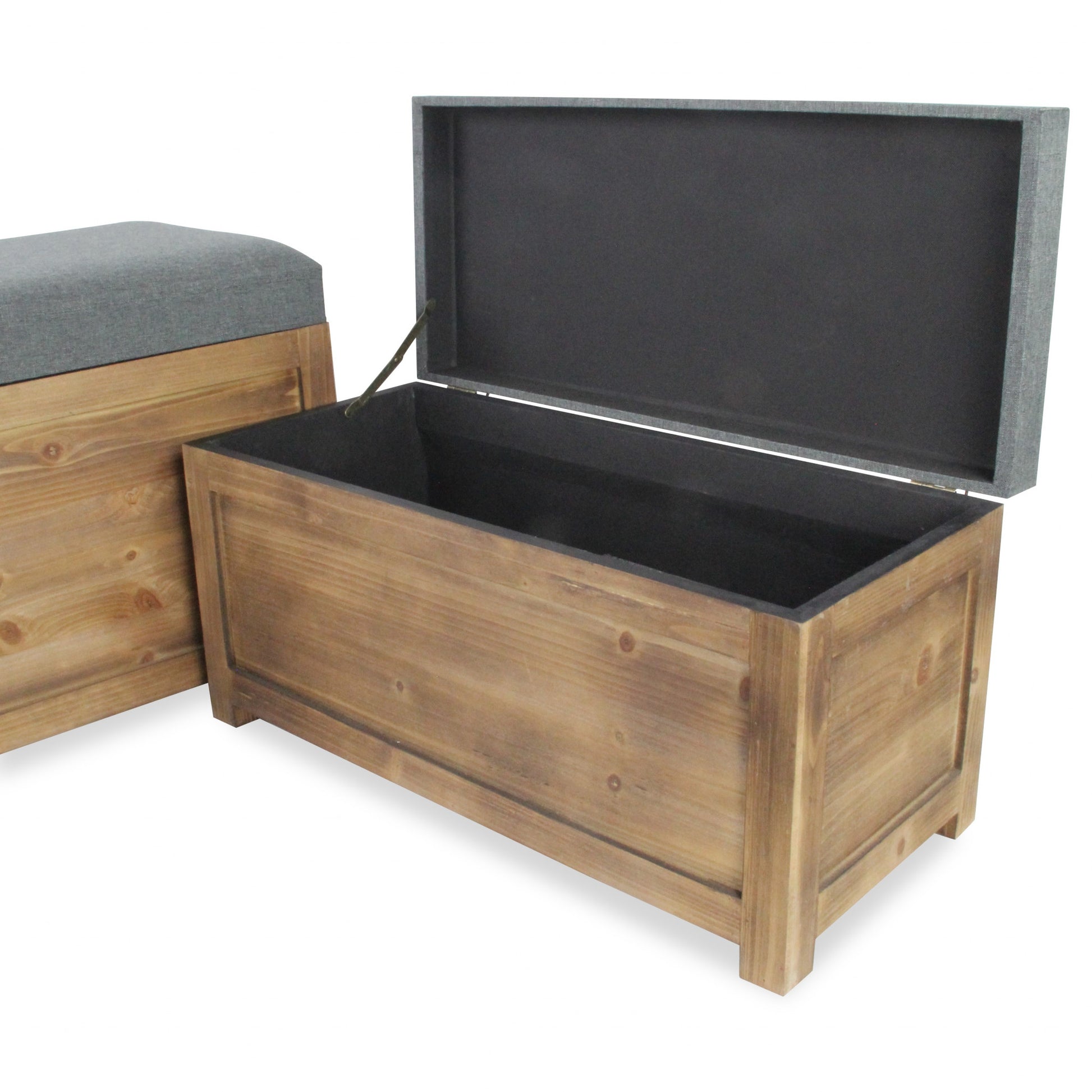 Set Of 2 Rectangular Gray Linen Fabric And Wood Storage Benches-Benches-DECOROLALA