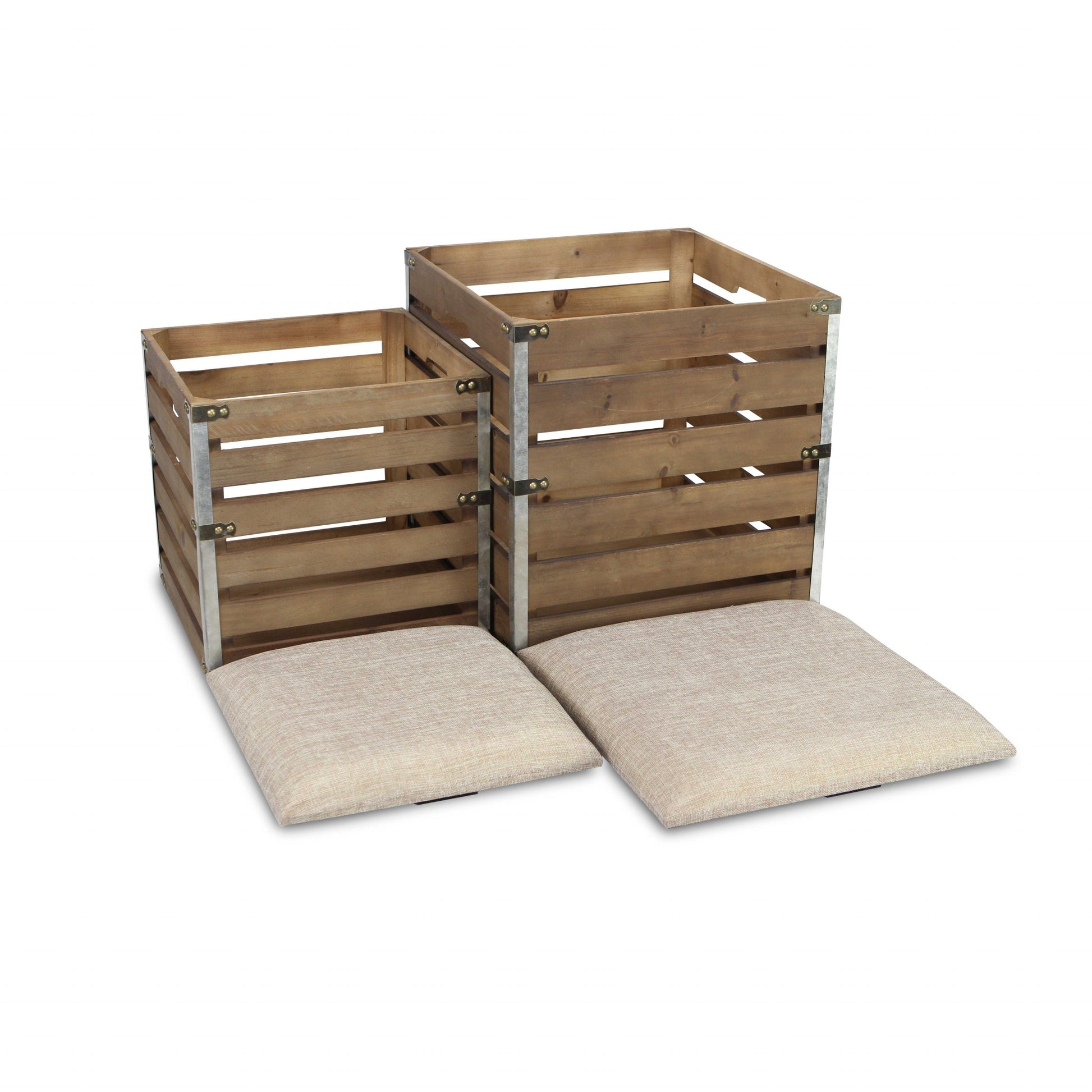 Set Of 2 Square Brown Linen Fabric And Wood Slats Storage Benches-Benches-DECOROLALA