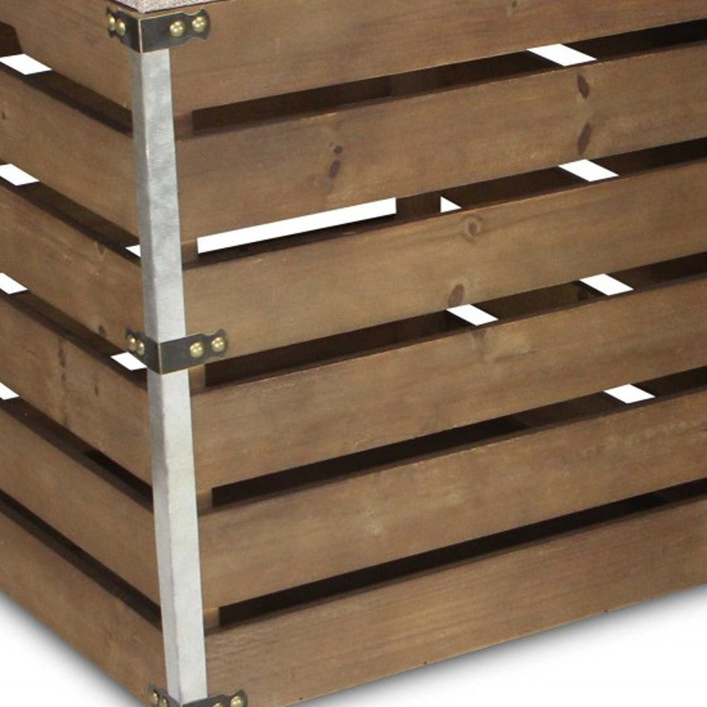 Set Of 2 Square Brown Linen Fabric And Wood Slats Storage Benches-Benches-DECOROLALA