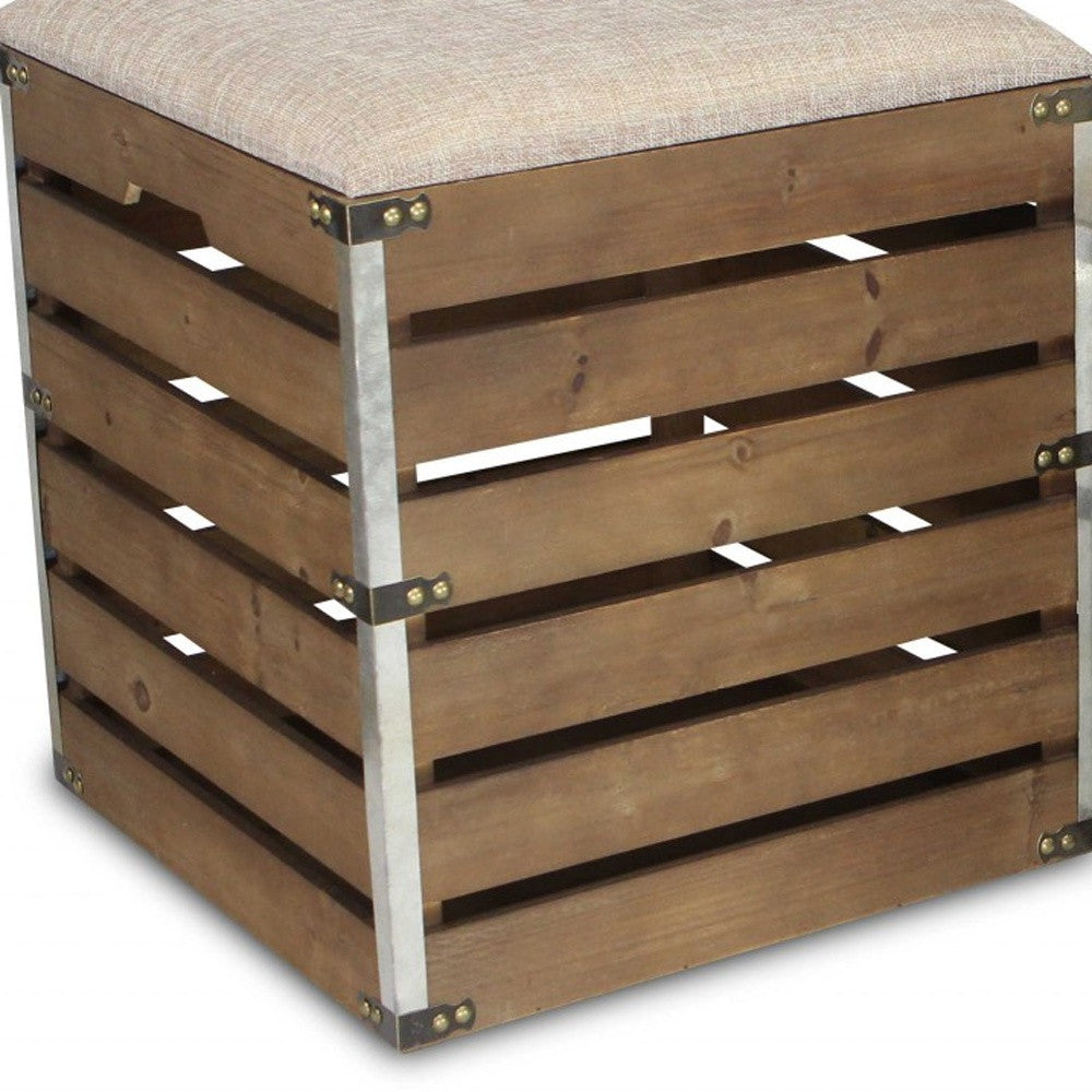 Set Of 2 Square Brown Linen Fabric And Wood Slats Storage Benches-Benches-DECOROLALA