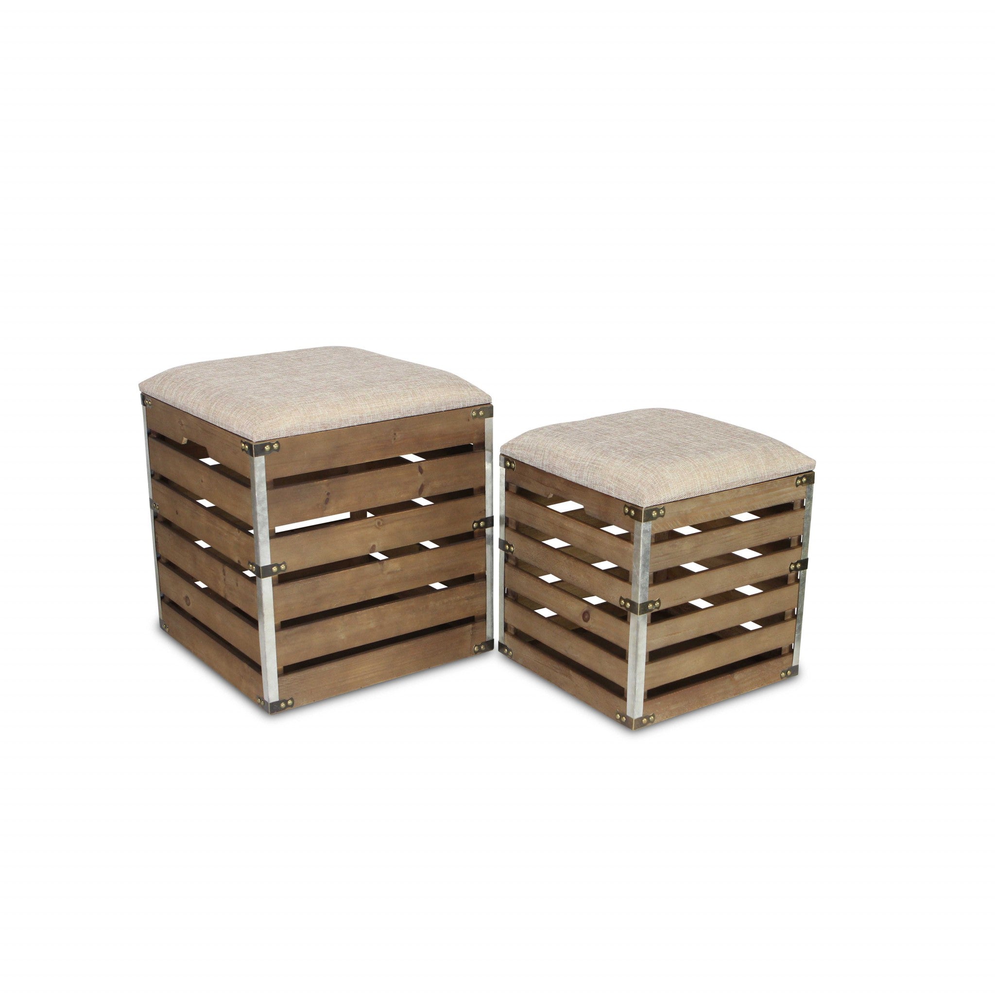 Set Of 2 Square Brown Linen Fabric And Wood Slats Storage Benches-Benches-DECOROLALA