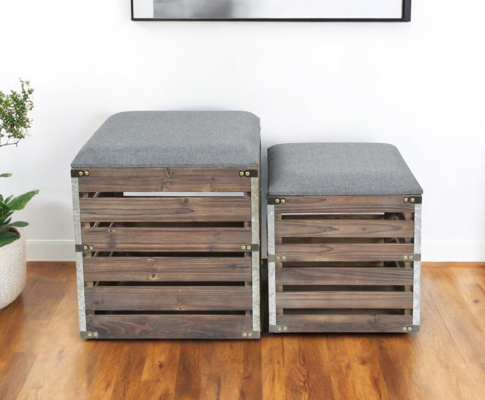 Set Of 2 Square Gray Linen Fabric And Wood Slats Storage Benches-Benches-DECOROLALA