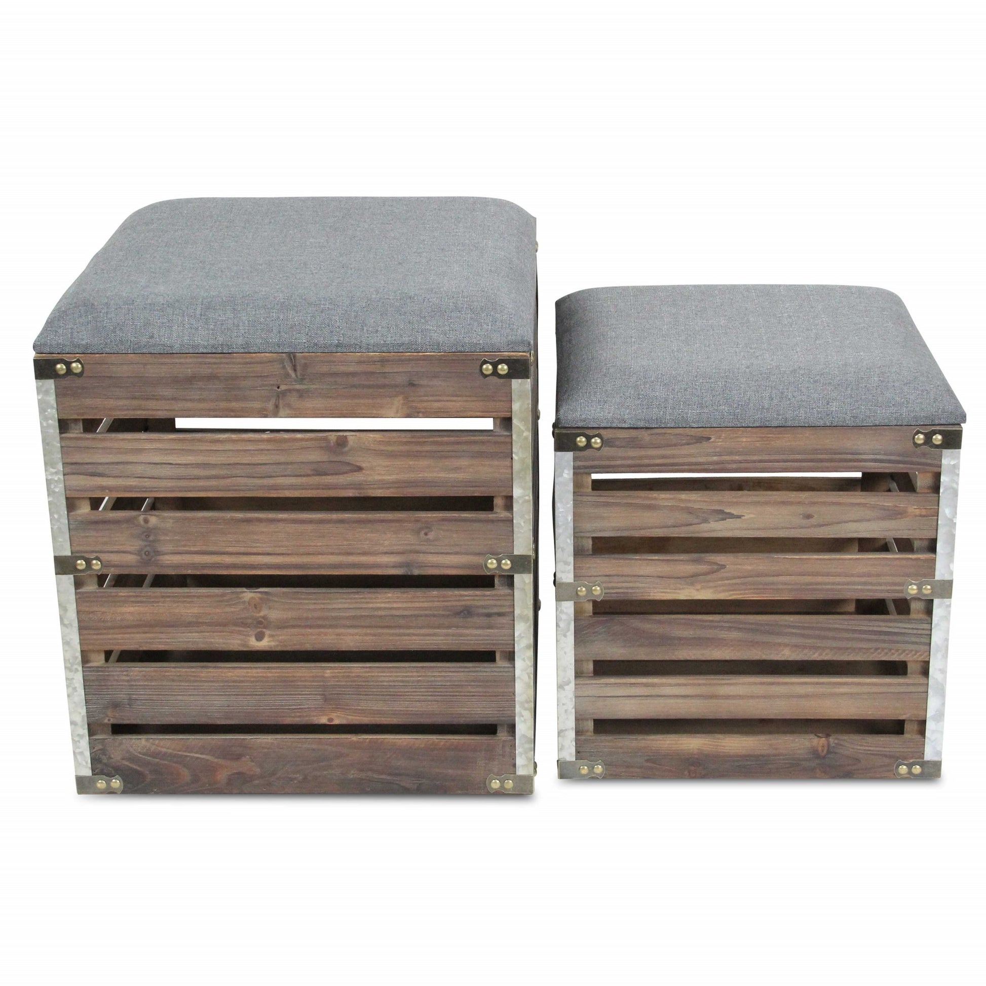 Set Of 2 Square Gray Linen Fabric And Wood Slats Storage Benches-Benches-DECOROLALA