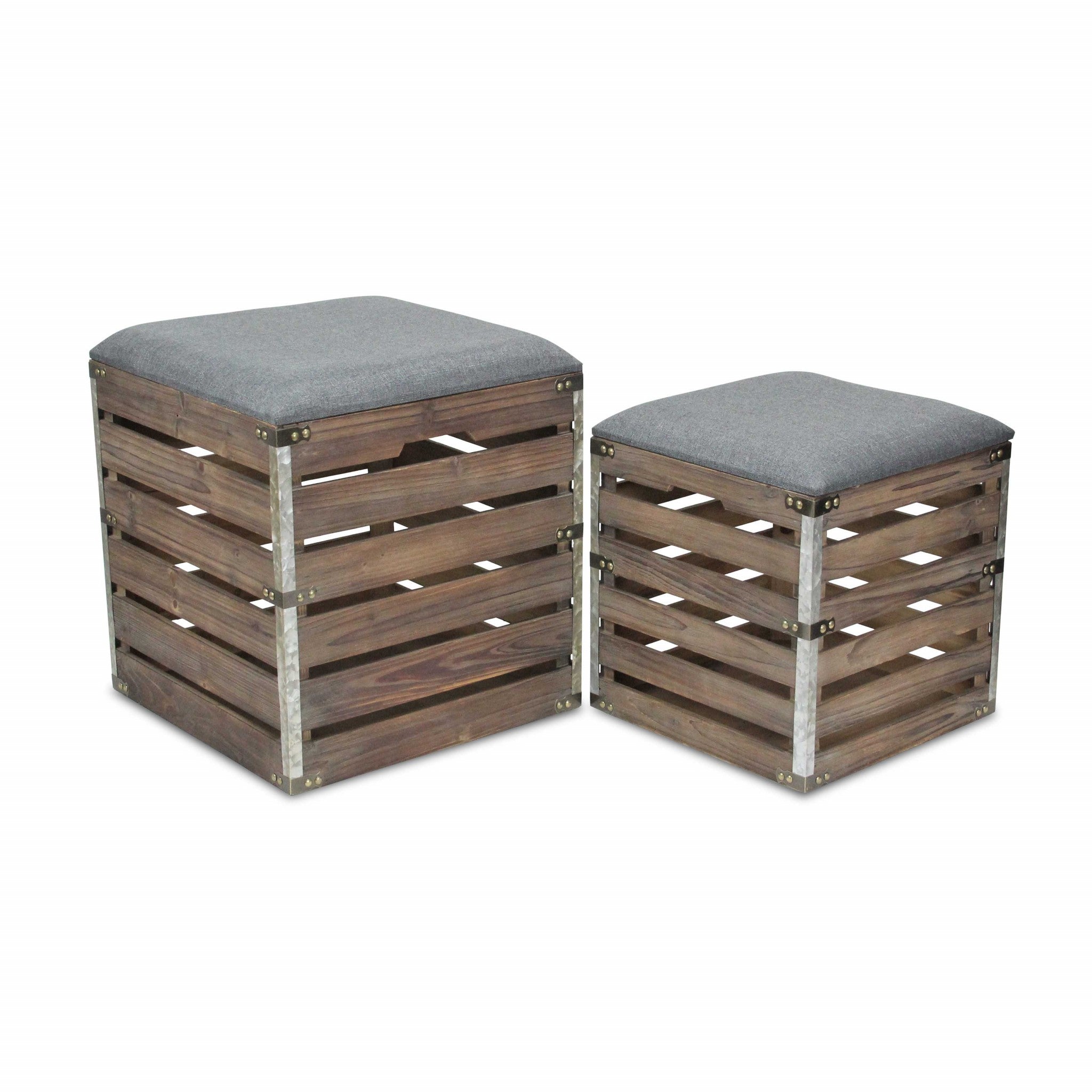 Set Of 2 Square Gray Linen Fabric And Wood Slats Storage Benches-Benches-DECOROLALA