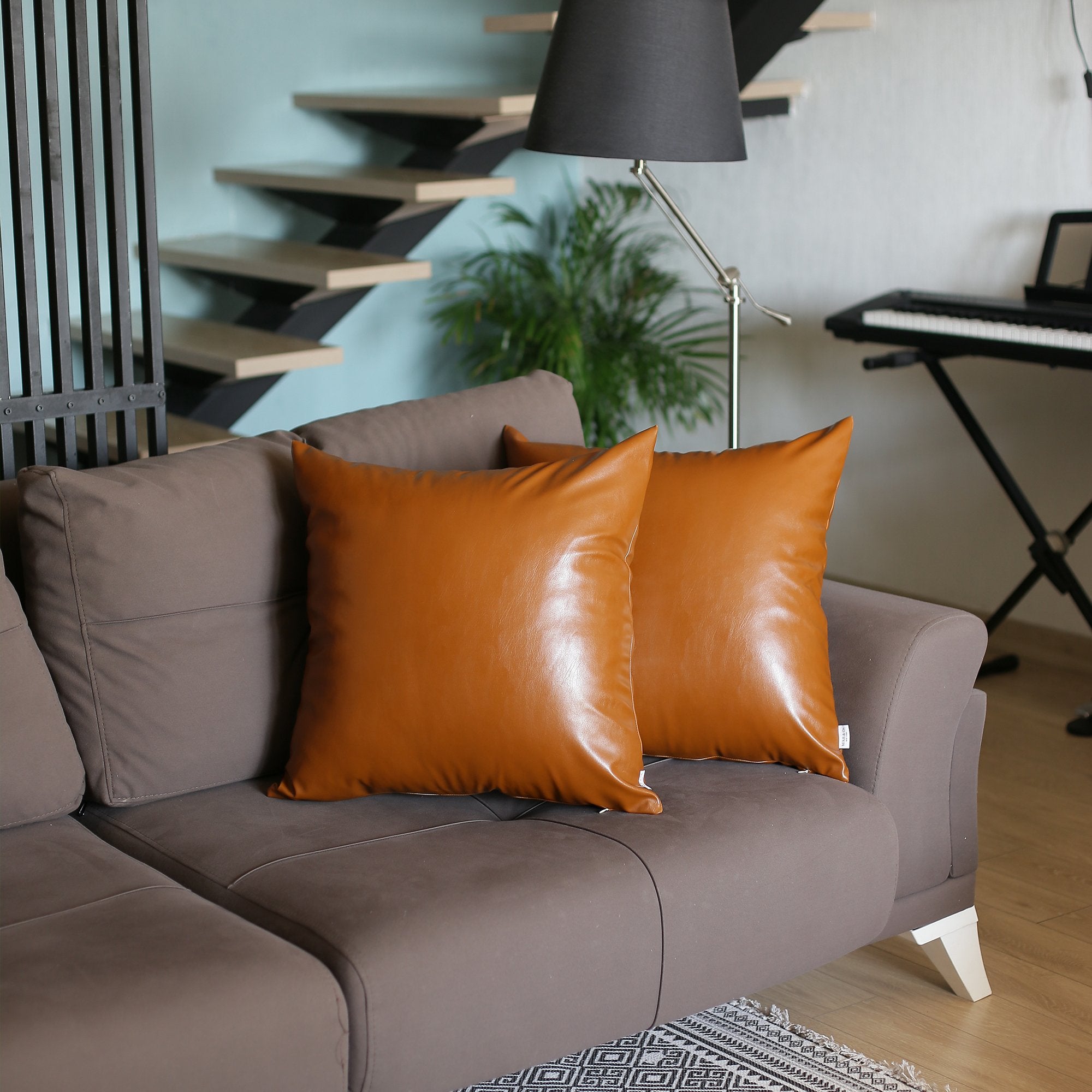 Set Of 2 Warm-Toned Solid Brown Faux Leather Pillow Covers-Accent Throw Pillows-DECOROLALA