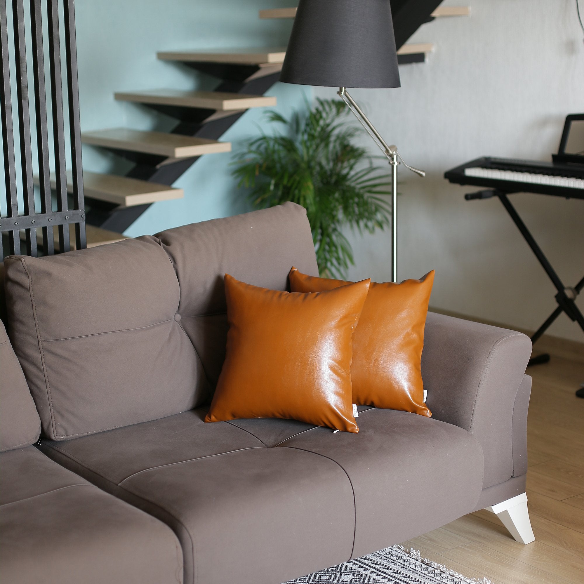 Set Of 2 Warm-Toned Solid Brown Faux Leather Pillow Covers-Accent Throw Pillows-DECOROLALA