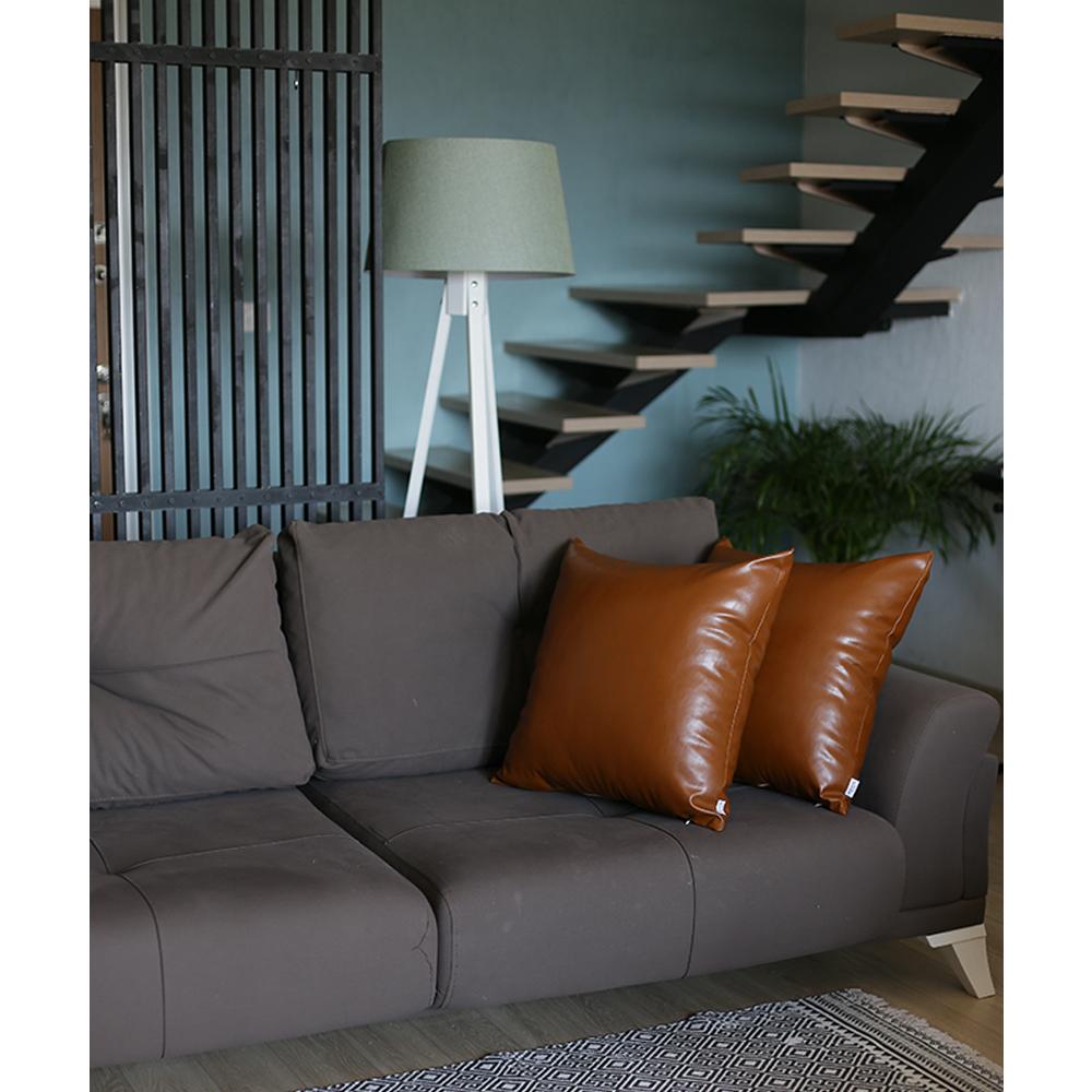 Set Of 2 Warm-Toned Solid Brown Faux Leather Pillow Covers-Accent Throw Pillows-DECOROLALA