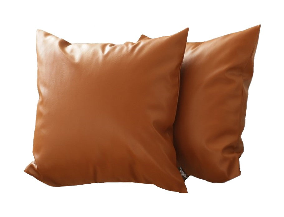 Set Of 2 Warm-Toned Solid Brown Faux Leather Pillow Covers-Accent Throw Pillows-DECOROLALA
