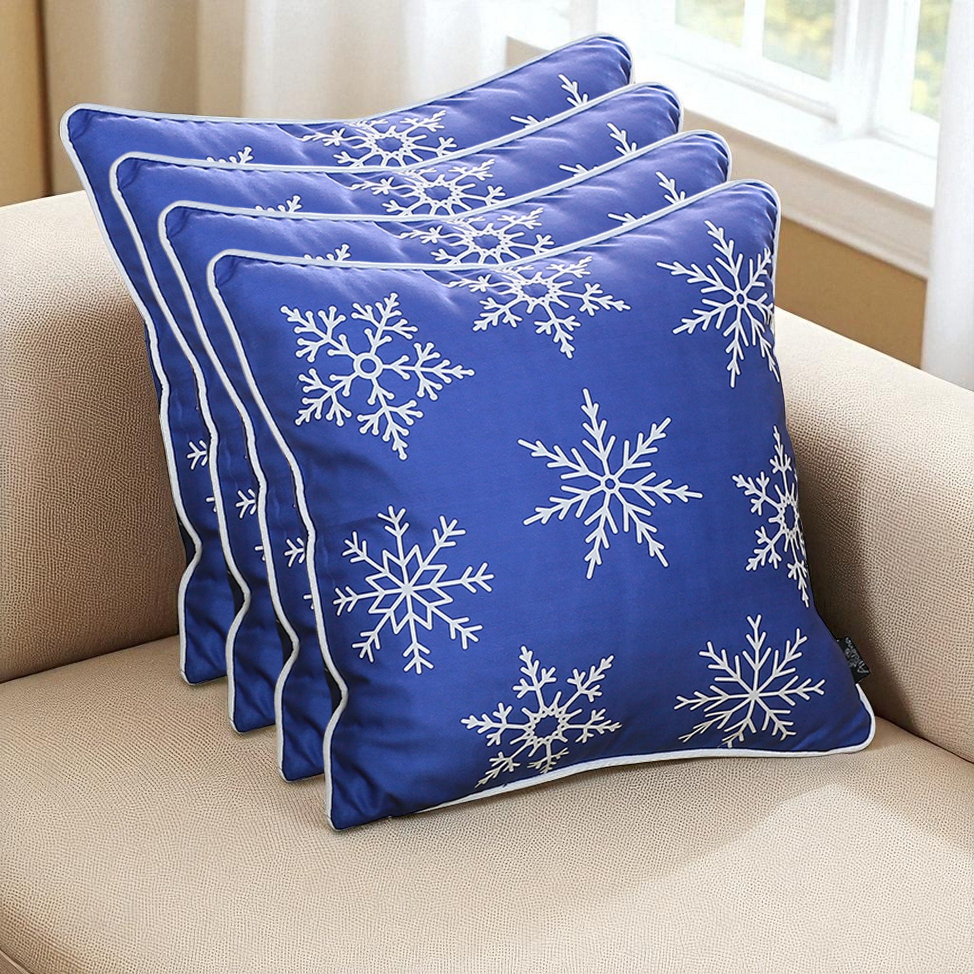 Set Of 4 18" Christmas Snowflakes Throw Pillow Cover In Blue-Accent Throw Pillows-DECOROLALA