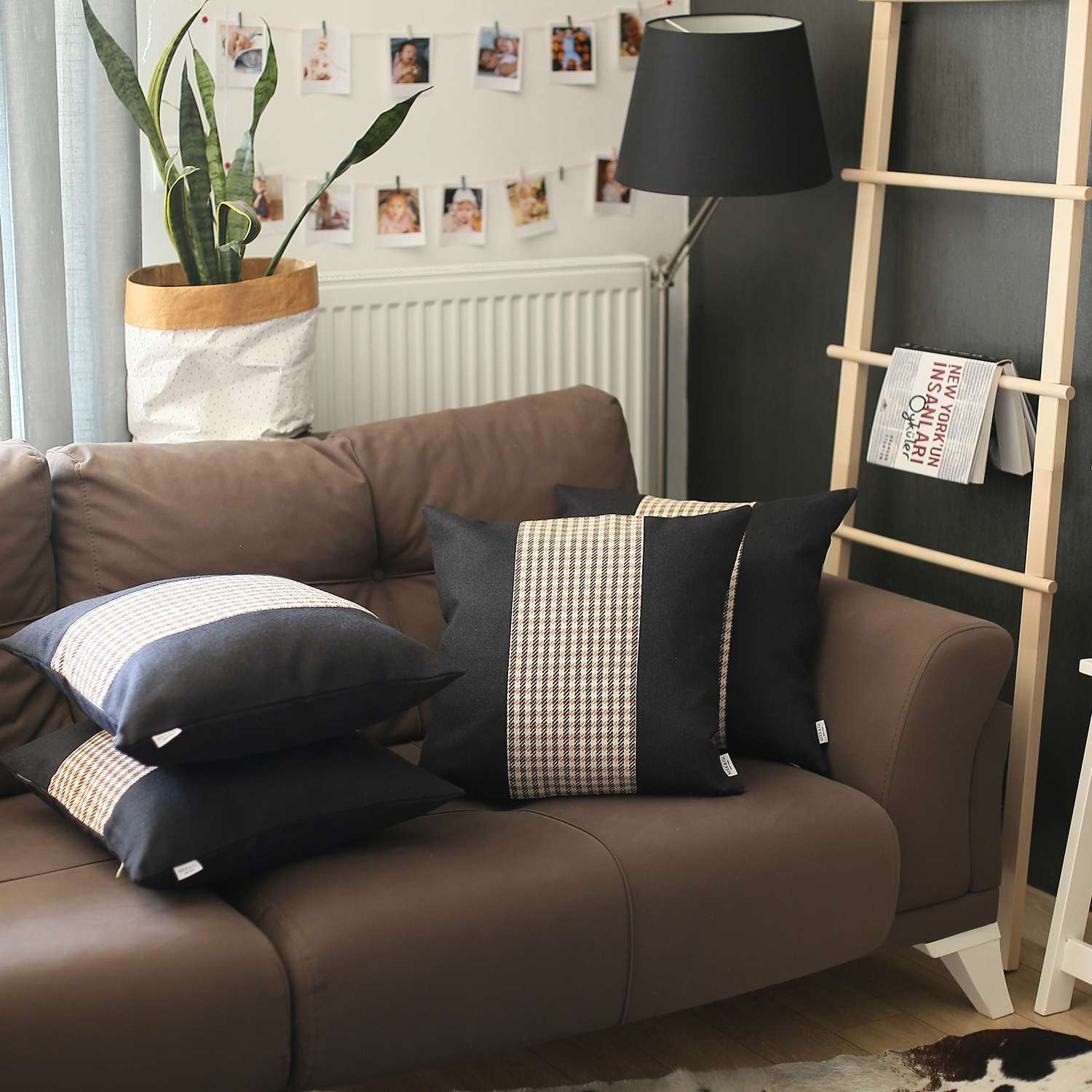 Set Of 4 Black And Tan Houndstooth Pillow Covers-Accent Throw Pillows-DECOROLALA