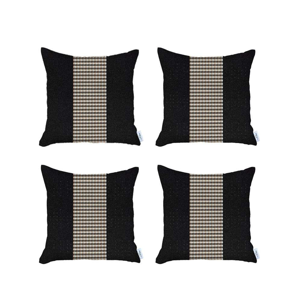 Set Of 4 Black And Tan Houndstooth Pillow Covers-Accent Throw Pillows-DECOROLALA