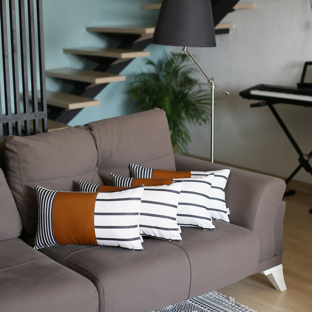 Set Of 4 Black And White Faux Leather Lumbar Pillow Covers-Accent Throw Pillows-DECOROLALA