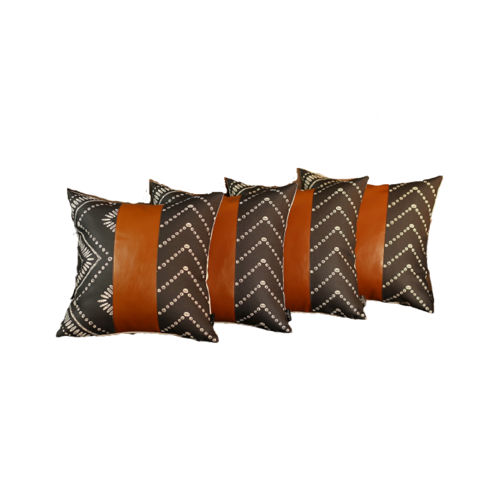 Set Of 4 Black And White Geo With Faux Leather Lumbar Pillow Covers-Accent Throw Pillows-DECOROLALA