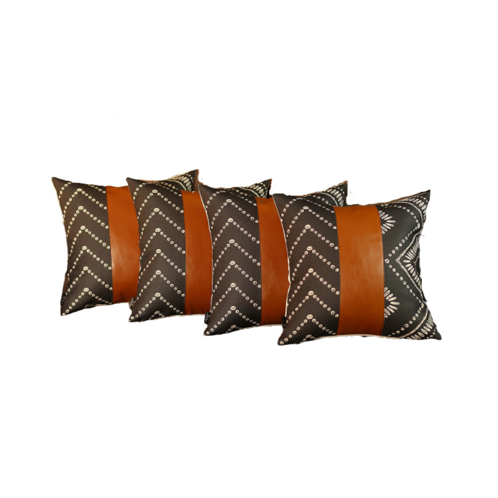 Set Of 4 Black And White Geo With Faux Leather Lumbar Pillow Covers-Accent Throw Pillows-DECOROLALA