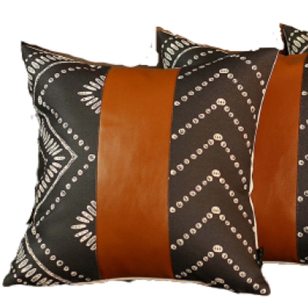 Set Of 4 Black And White Geo With Faux Leather Lumbar Pillow Covers-Accent Throw Pillows-DECOROLALA