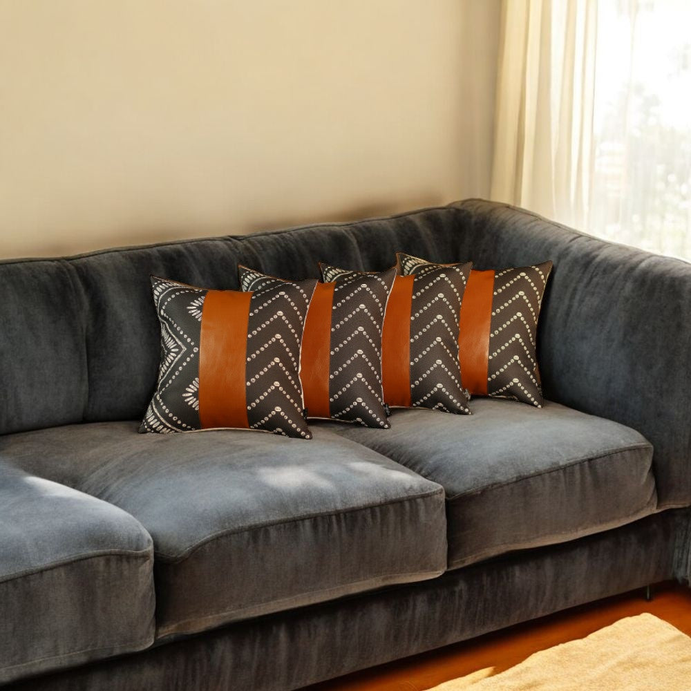 Set Of 4 Black And White Geo With Faux Leather Lumbar Pillow Covers-Accent Throw Pillows-DECOROLALA