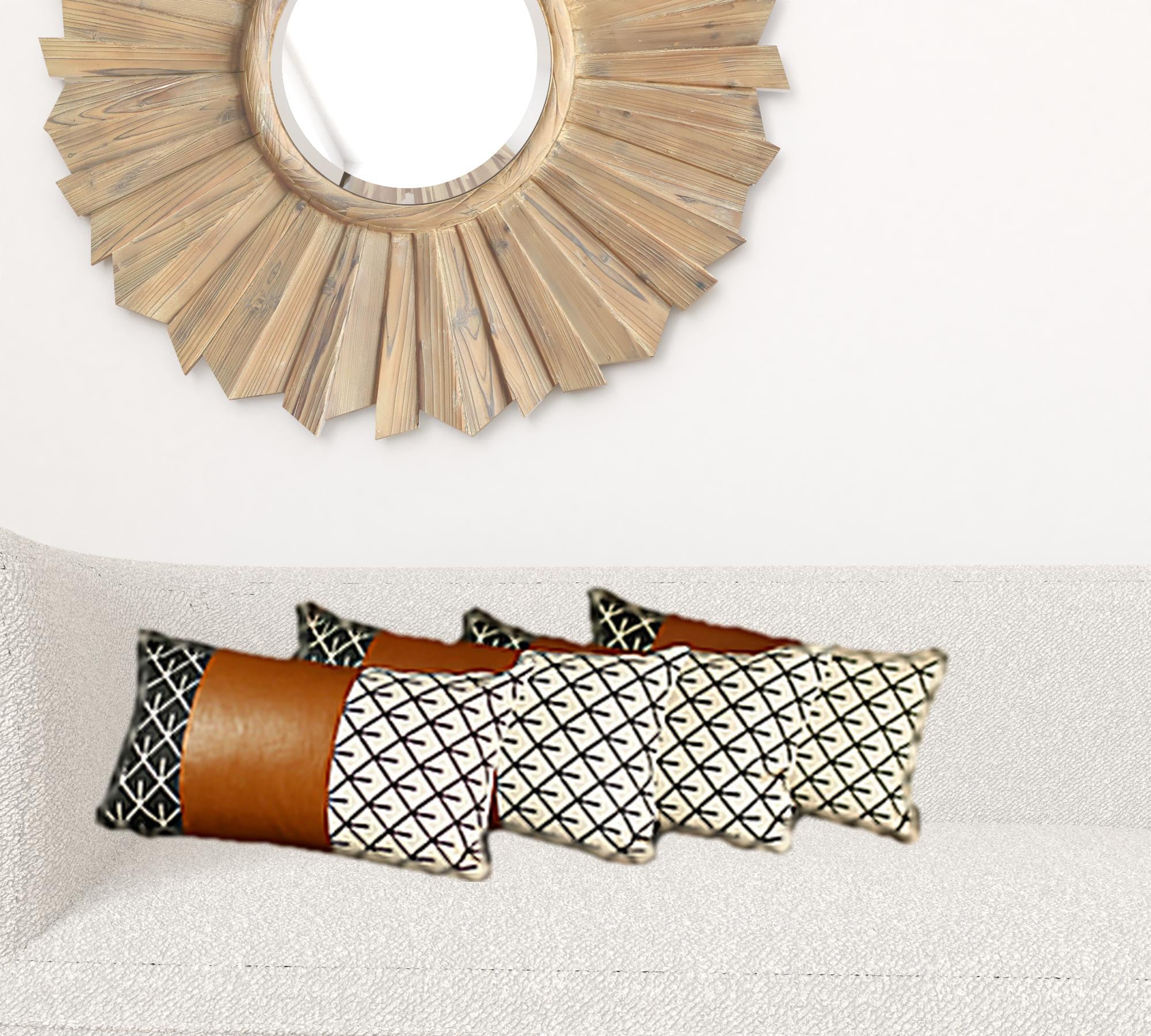 Set Of 4 Black And White Reverse With Faux Leather Lumbar Pillow Covers-Accent Throw Pillows-DECOROLALA