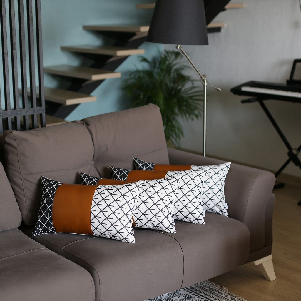 Set Of 4 Black And White Reverse With Faux Leather Lumbar Pillow Covers-Accent Throw Pillows-DECOROLALA