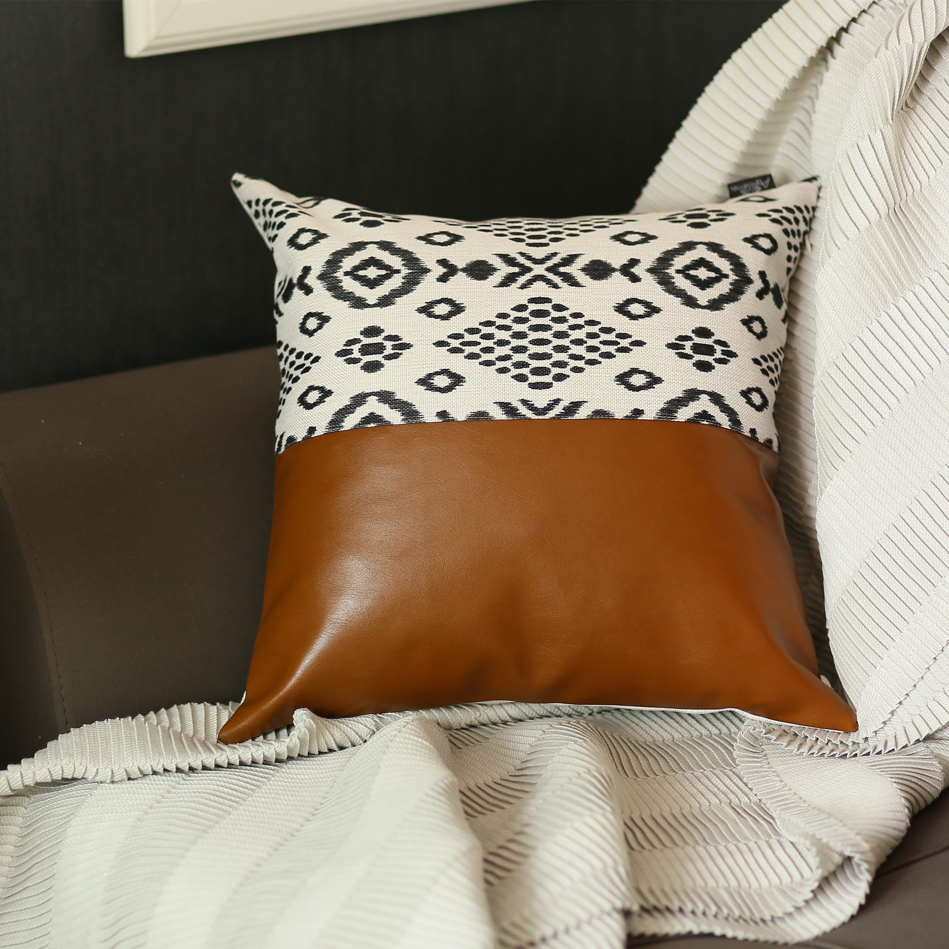 Set Of 4 Black And White Tribal Faux Leather Pillow Covers-Accent Throw Pillows-DECOROLALA