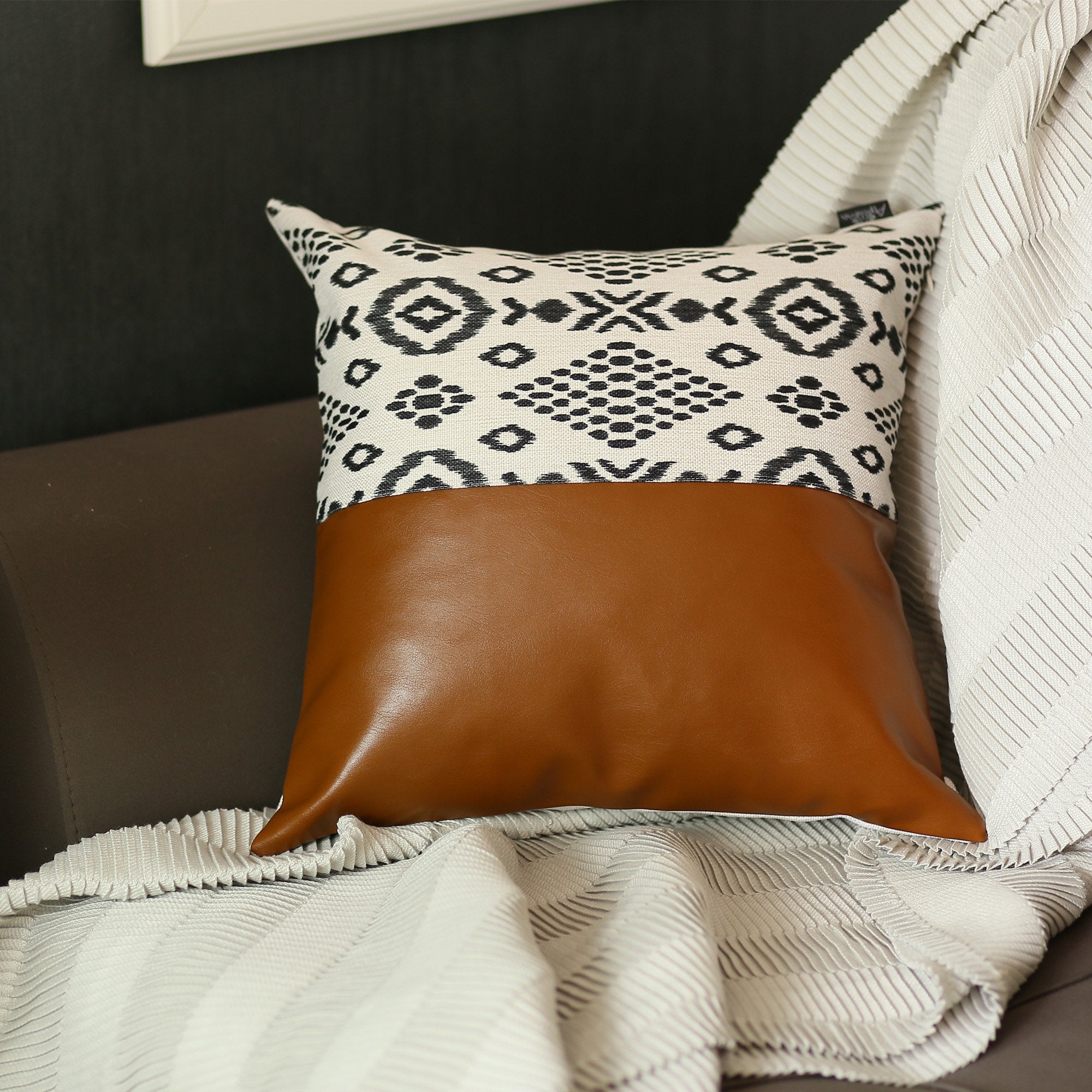 Set Of 4 Black And White Tribal Faux Leather Pillow Covers-Accent Throw Pillows-DECOROLALA