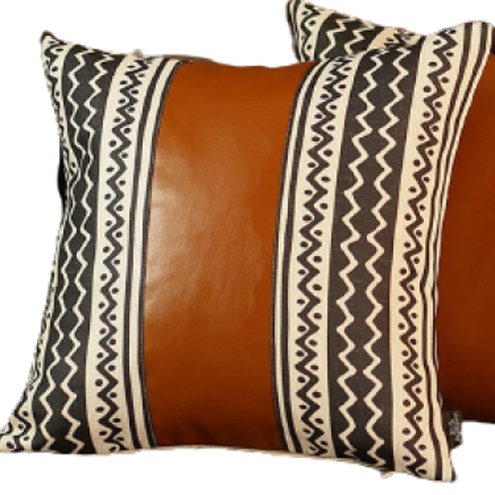 Set Of 4 Black And White Zig Zag With Faux Leather Pillow Covers-Accent Throw Pillows-DECOROLALA