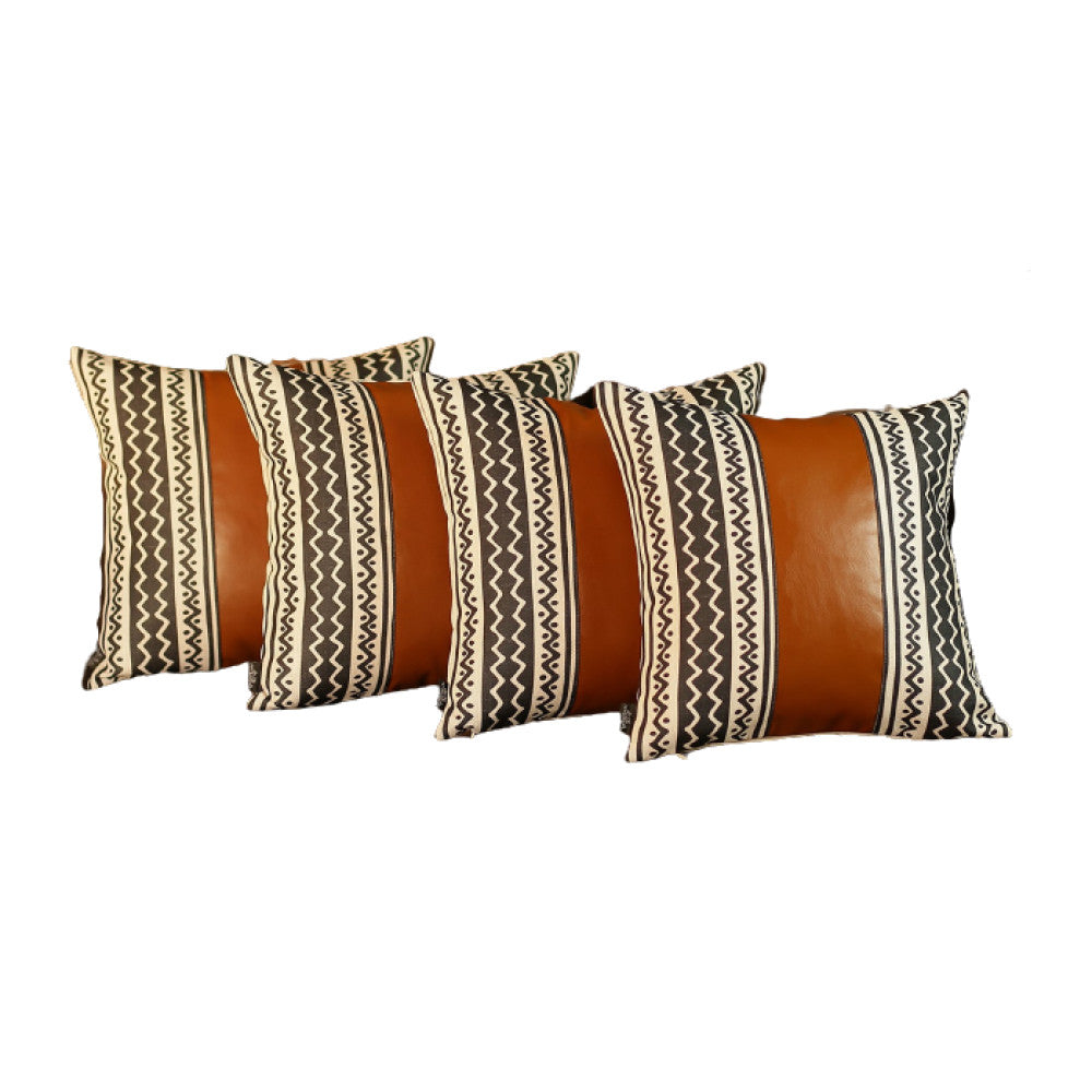 Set Of 4 Black And White Zig Zag With Faux Leather Pillow Covers-Accent Throw Pillows-DECOROLALA