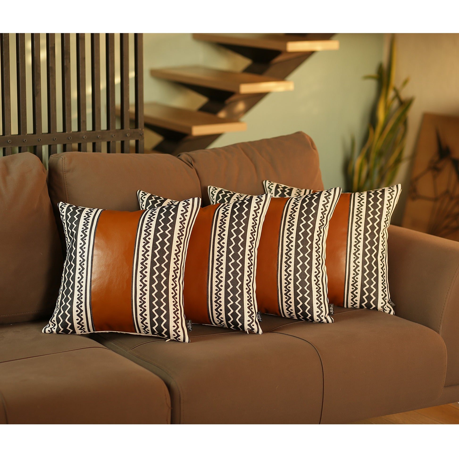 Set Of 4 Black And White Zig Zag With Faux Leather Pillow Covers-Accent Throw Pillows-DECOROLALA