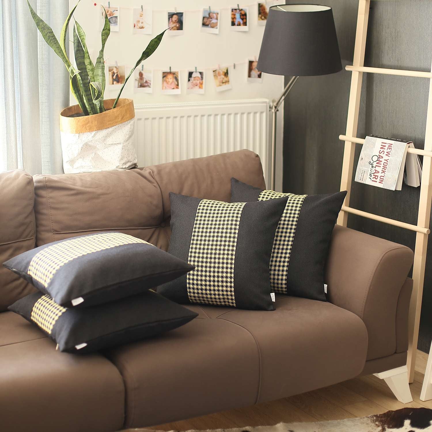 Set Of 4 Black And Yellow Houndstooth Pillow Covers-Accent Throw Pillows-DECOROLALA