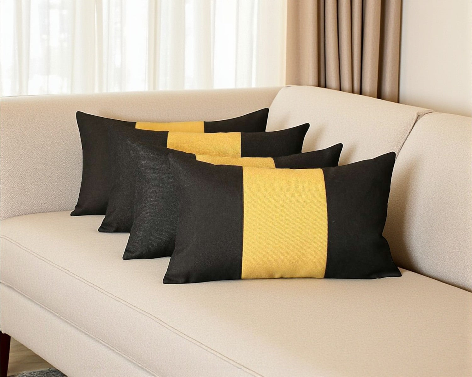 Set Of 4 Black And Yellow Lumbar Pillow Covers-Accent Throw Pillows-DECOROLALA