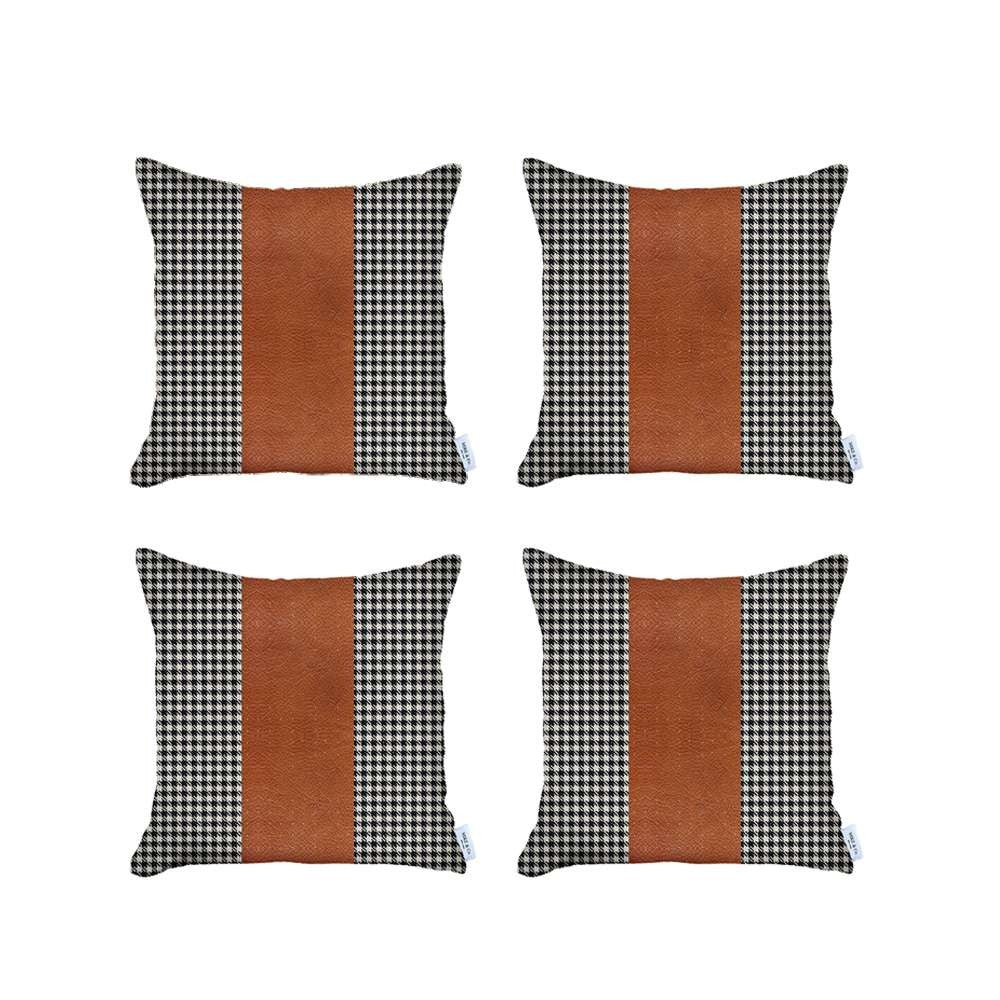 Set Of 4 Black Checkered Faux Leather Pillow Covers-Accent Throw Pillows-DECOROLALA