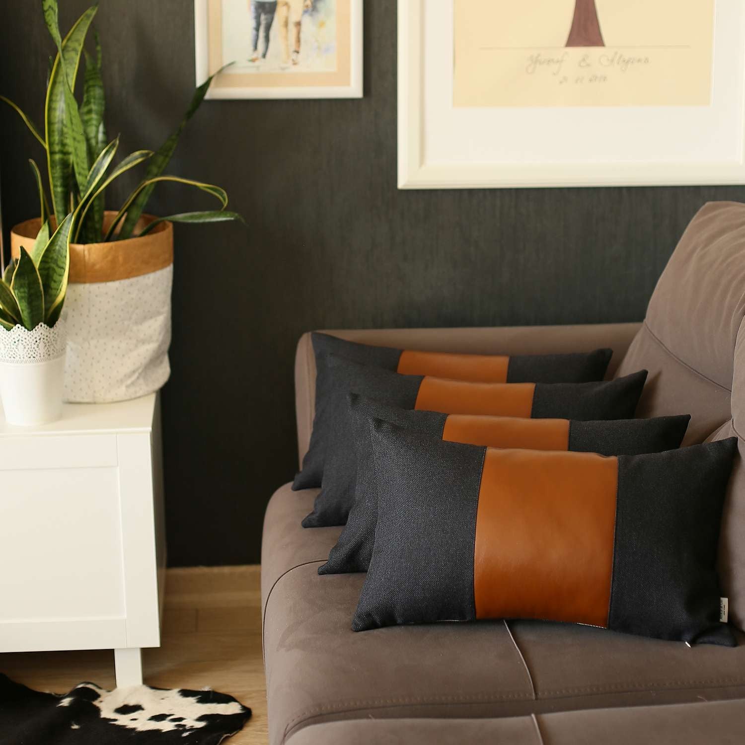 Set Of 4 Black Faux Leather Lumbar Pillow Covers-Accent Throw Pillows-DECOROLALA