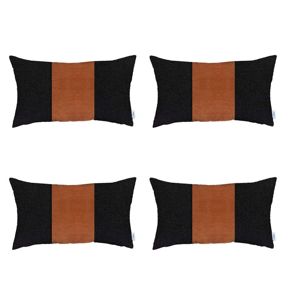 Set Of 4 Black Faux Leather Lumbar Pillow Covers-Accent Throw Pillows-DECOROLALA
