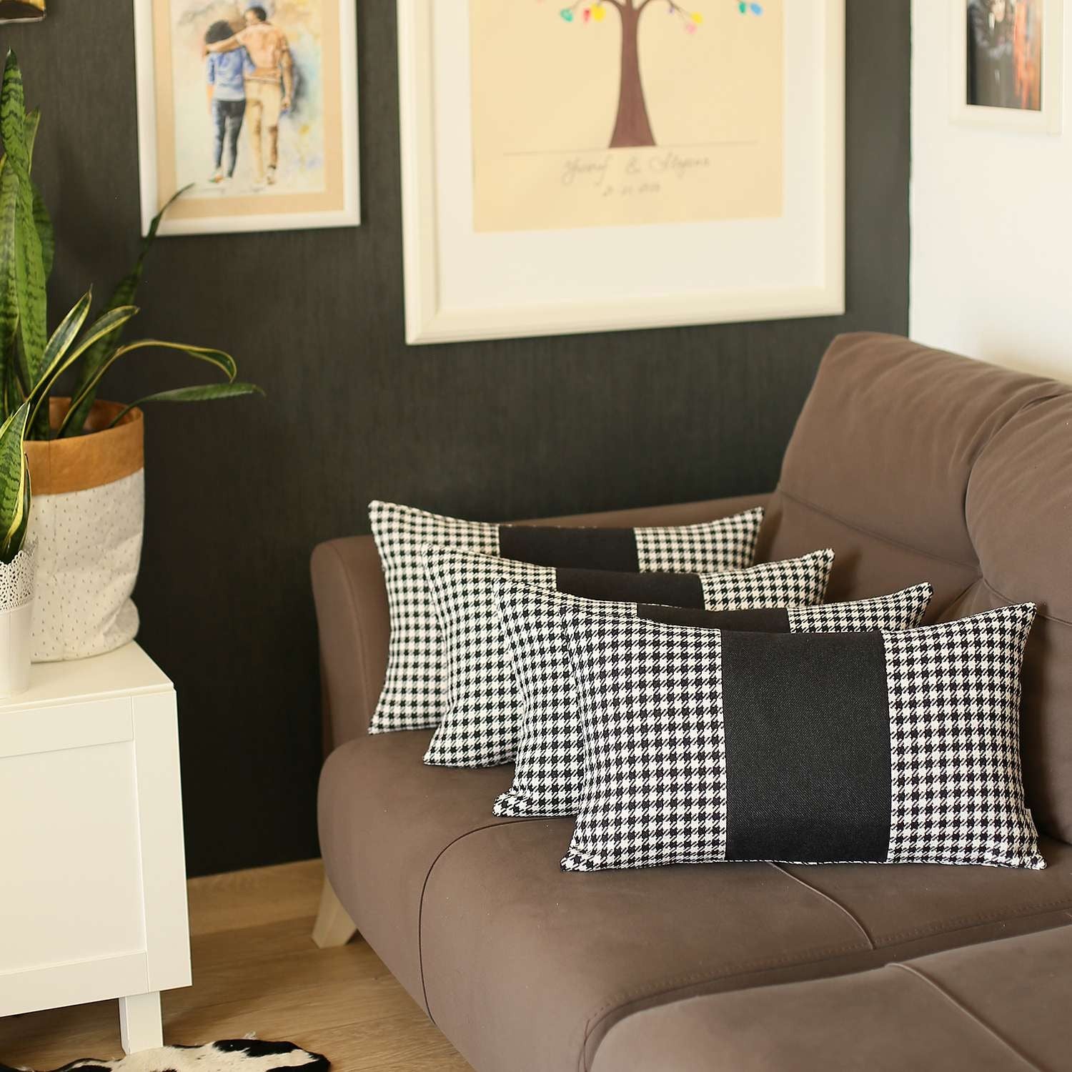 Set Of 4 Black Houndstooth Lumbar Pillow Covers-Accent Throw Pillows-DECOROLALA