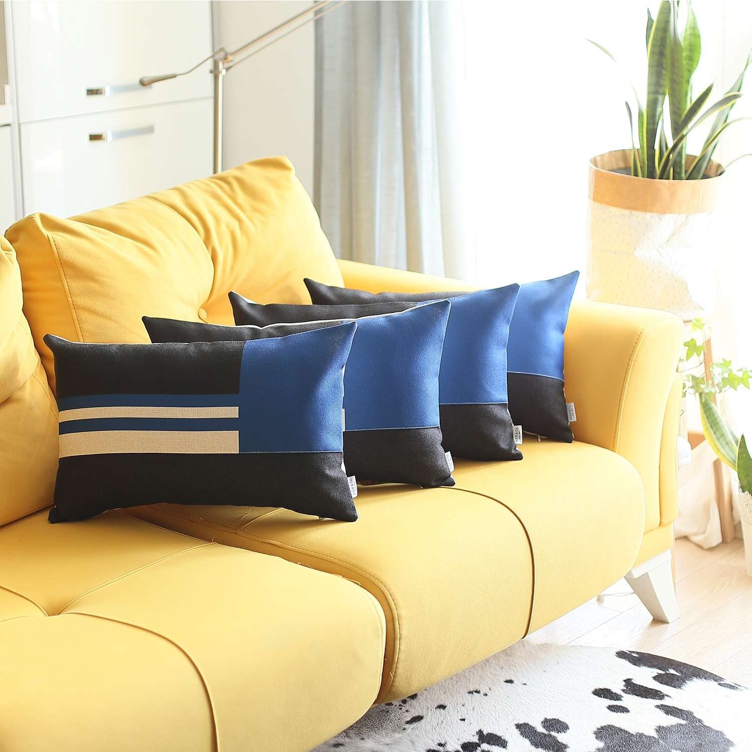 Set Of 4 Blue And Black Lumbar Pillow Covers-Accent Throw Pillows-DECOROLALA