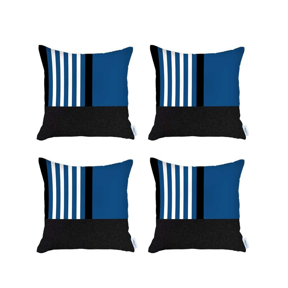 Set Of 4 Blue And Black Printed Pillow Covers-Accent Throw Pillows-DECOROLALA