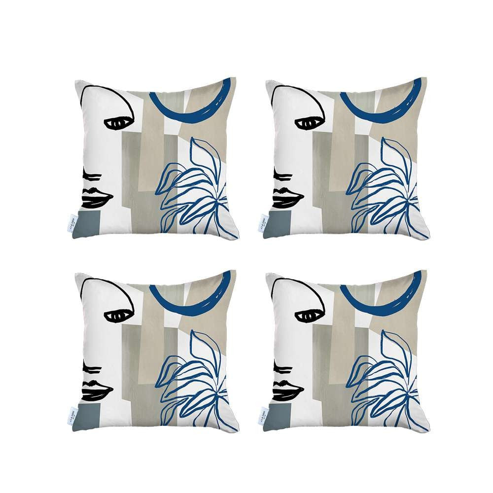 Set Of 4 Blue And Ivory Printed Pillow Covers-Accent Throw Pillows-DECOROLALA