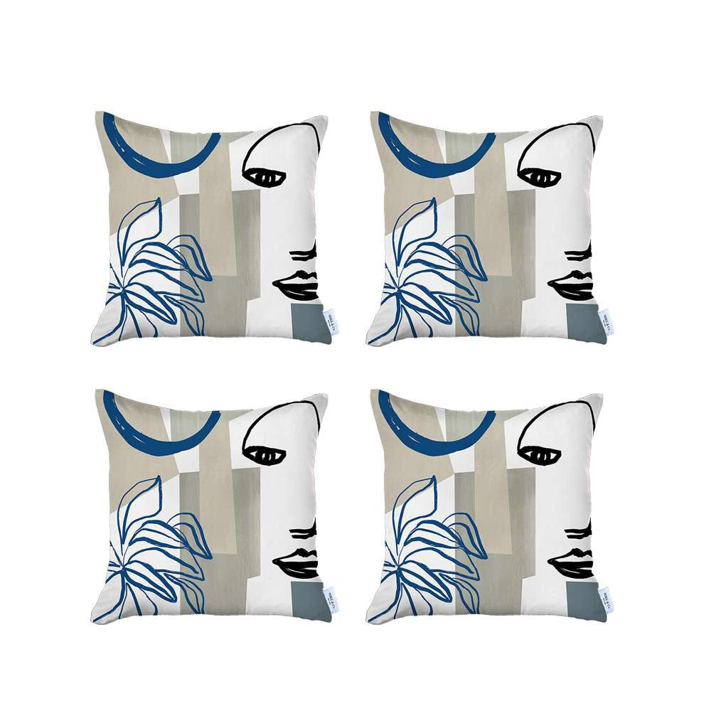 Set Of 4 Blue And Ivory Printed Pillow Covers-Accent Throw Pillows-DECOROLALA