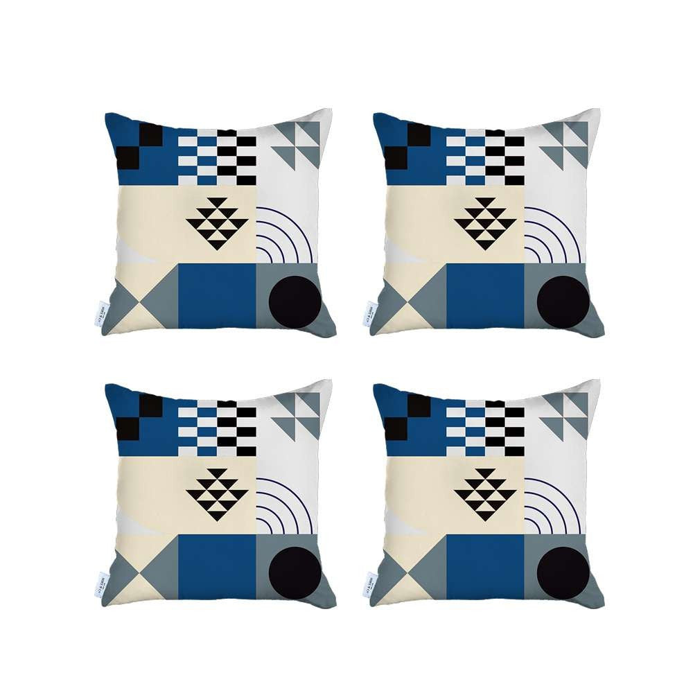 Set Of 4 Blue Boho Chic Printed Pillow Covers-Accent Throw Pillows-DECOROLALA