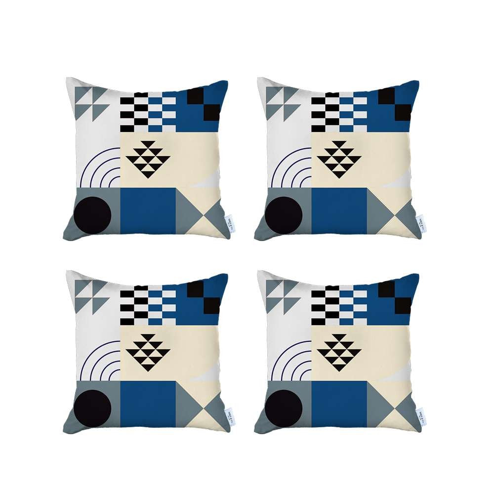 Set Of 4 Blue Boho Chic Printed Pillow Covers-Accent Throw Pillows-DECOROLALA