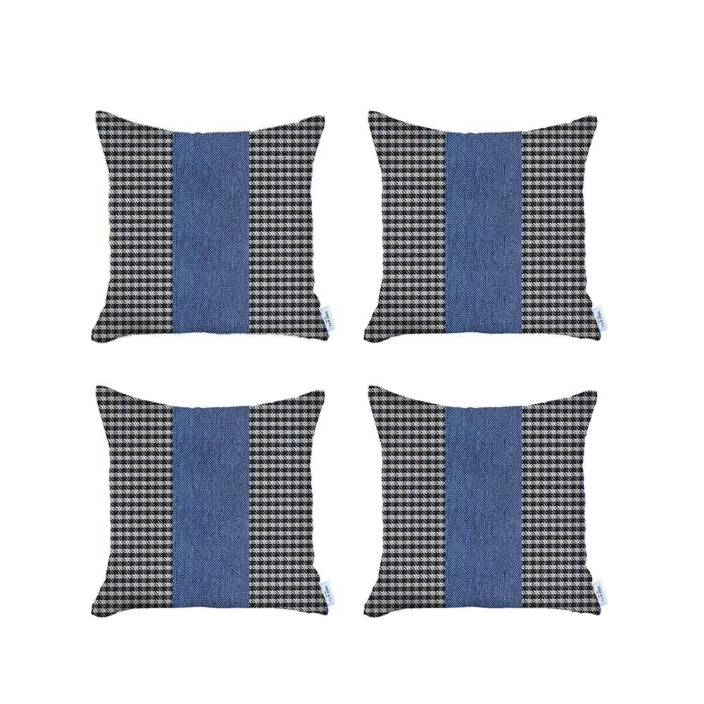 Set Of 4 Blue Houndstooth Pillow Covers-Accent Throw Pillows-DECOROLALA