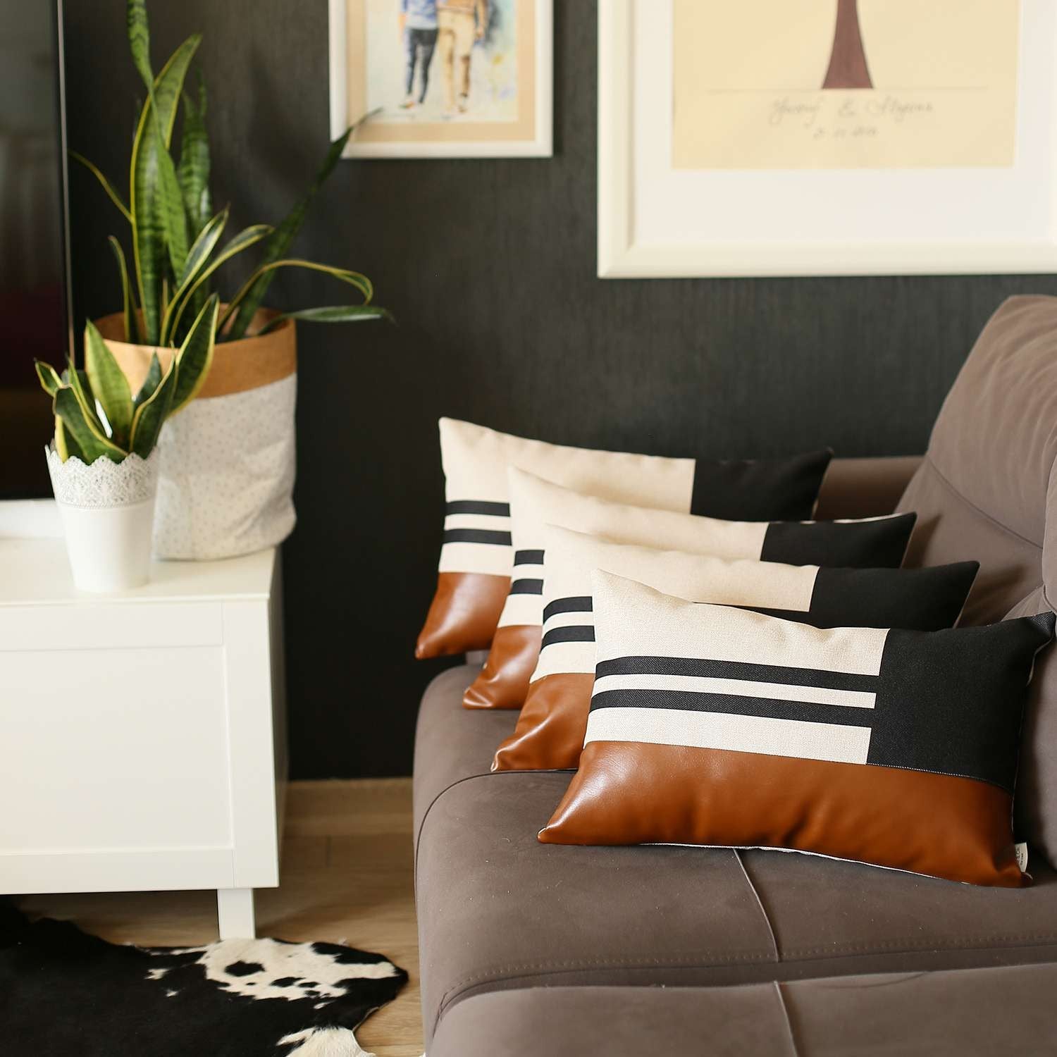 Set Of 4 Brown And Black Lumbar Pillow Covers-Accent Throw Pillows-DECOROLALA