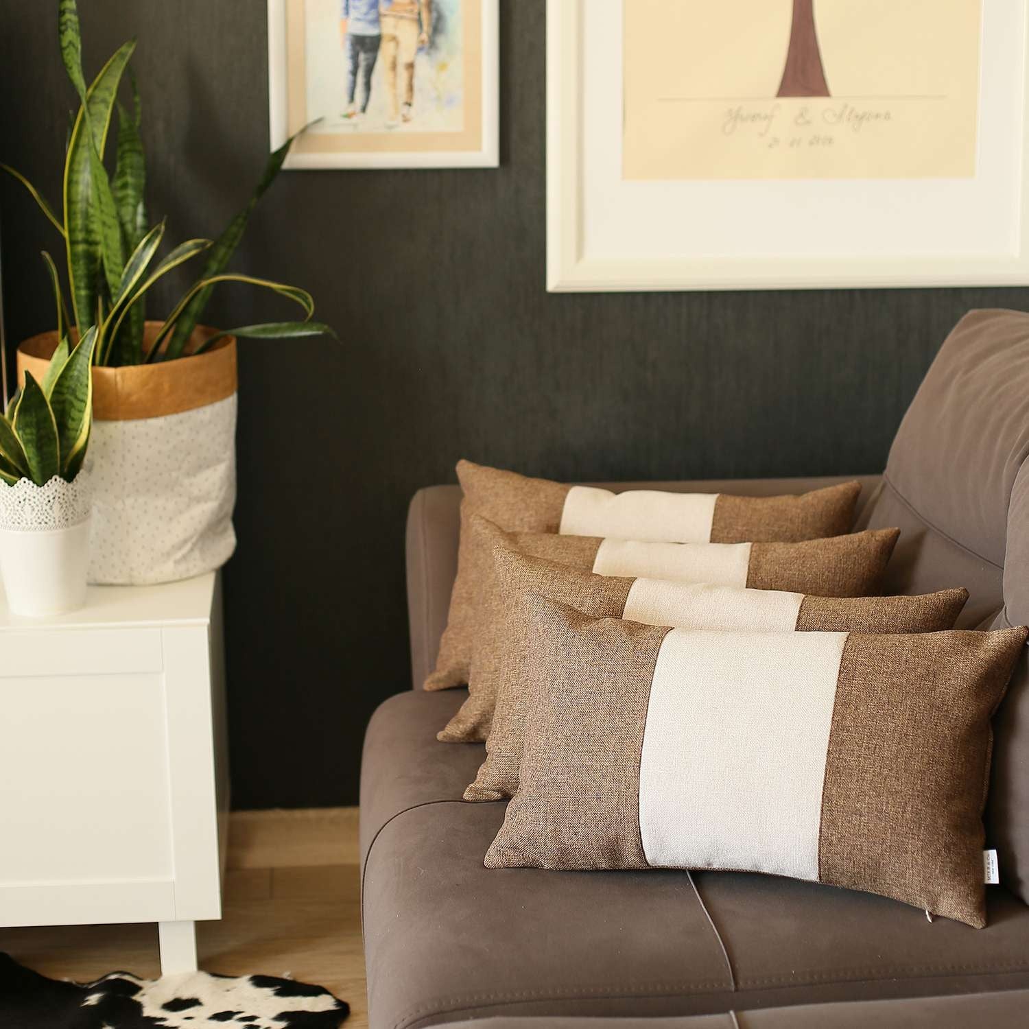 Set Of 4 Brown And White Lumbar Pillow Covers-Accent Throw Pillows-DECOROLALA