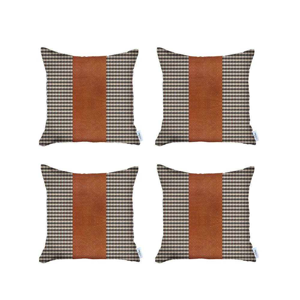 Set Of 4 Brown Checkered Faux Leather Pillow Covers-Accent Throw Pillows-DECOROLALA